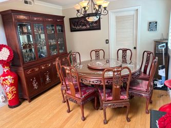 Chinese Rosewood Mother of Pearl Inlay Dining  Set & China Cabinet