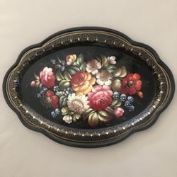 Collectors Russian Mocmobo Art Black Lacquer Hand Painted Oval Plate