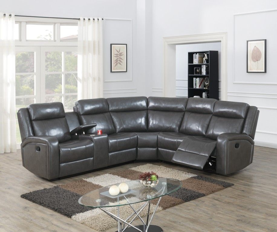 Brand New Grey Leather Reclining Sectional Sofa