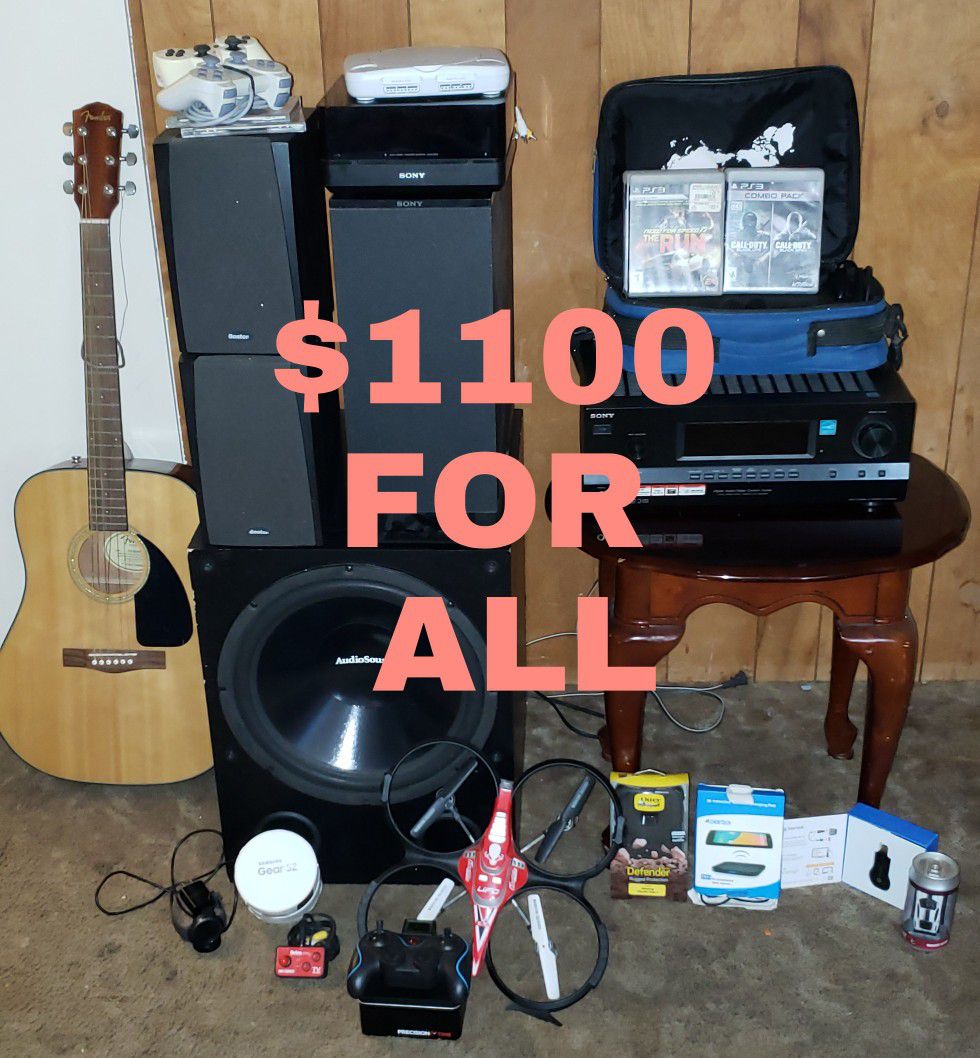 Ps3, ps1 ,audio system, gear2 men watch, receiver, acoustic guitar, drone,retro games,and more