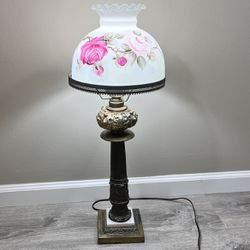 Antique Ticky Baniak Handpainted Floral Pink Roses Scalloped White Ceramic Brass Lamp Shade