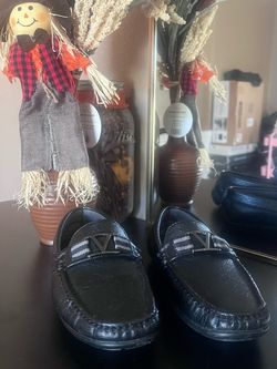 Black Leather Loafers with Metal V Hardware