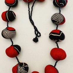 African Fabric Beaded Necklace, Bracelet, Earrings Red, Black & White Pierce 24” long