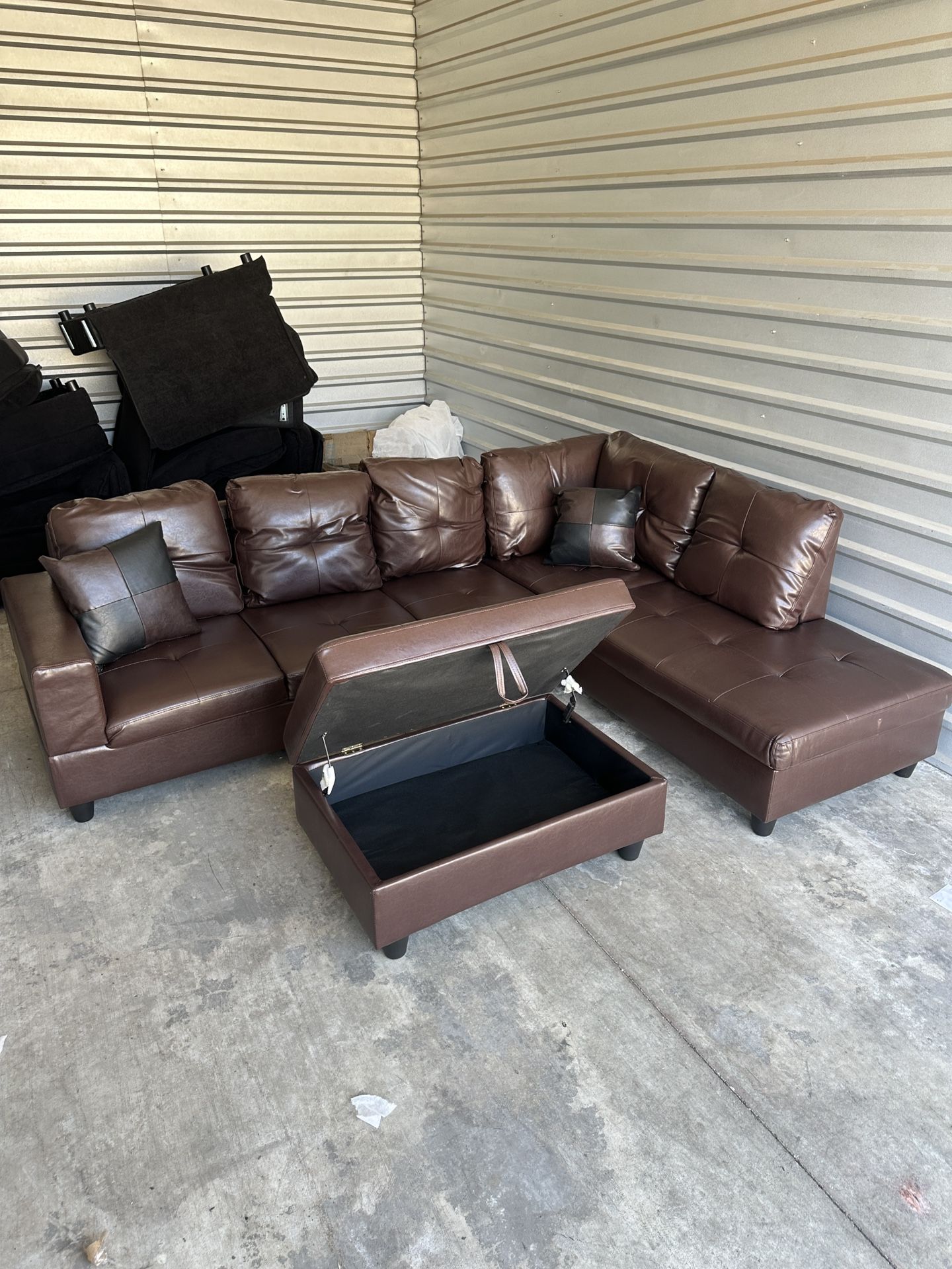 Free Delivery! Brown Faux Leather Sectional Couch with Storage Ottoman