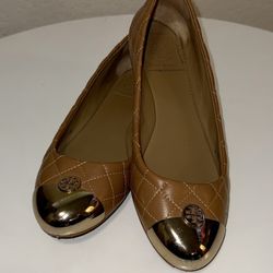 Tory Burch Brown Quilted Flats with Gold Tips