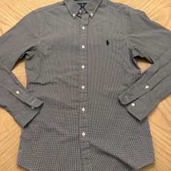 Ralph Lauren Classic Pony Long Sleeve  Blue/gray//Whites Check Button Shirt slim fit Size small 