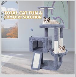 TWDEPART 37.5" All-in-One Cat Tree Tower with Scratching Board & Posts Cozy Sleeping Perch Hammock and Toy Balls,Grey