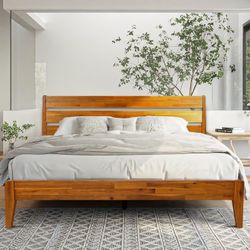 KING Caramel Acacia Emery Platform Bed Frame with Headboard Solid Wood Mid - Century Modern