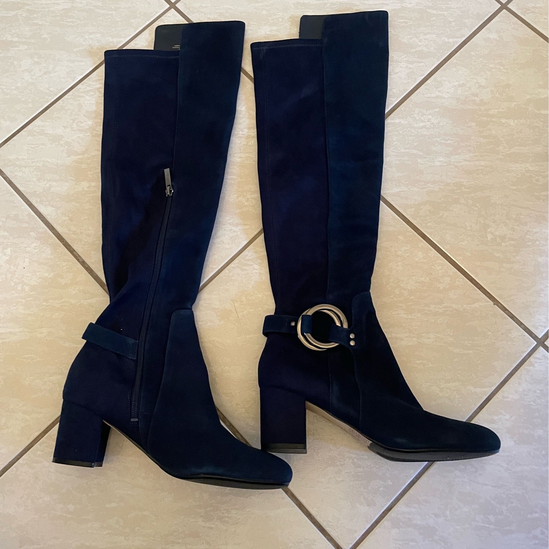 Karl Lagerfeld Paris Navy Blue Suede Knee Boots Buckle Size 8M 38.5