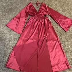 Satin long dress with side slits and bell sleeves/Size: M/$10