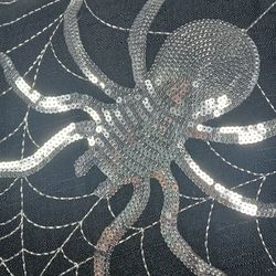 16" Black Throw Pillow Silver Sequin Spider Stitched Spiderweb Halloween Decor