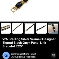 925 Silver Gold Plated Bracelet With Black Onyx Pieces