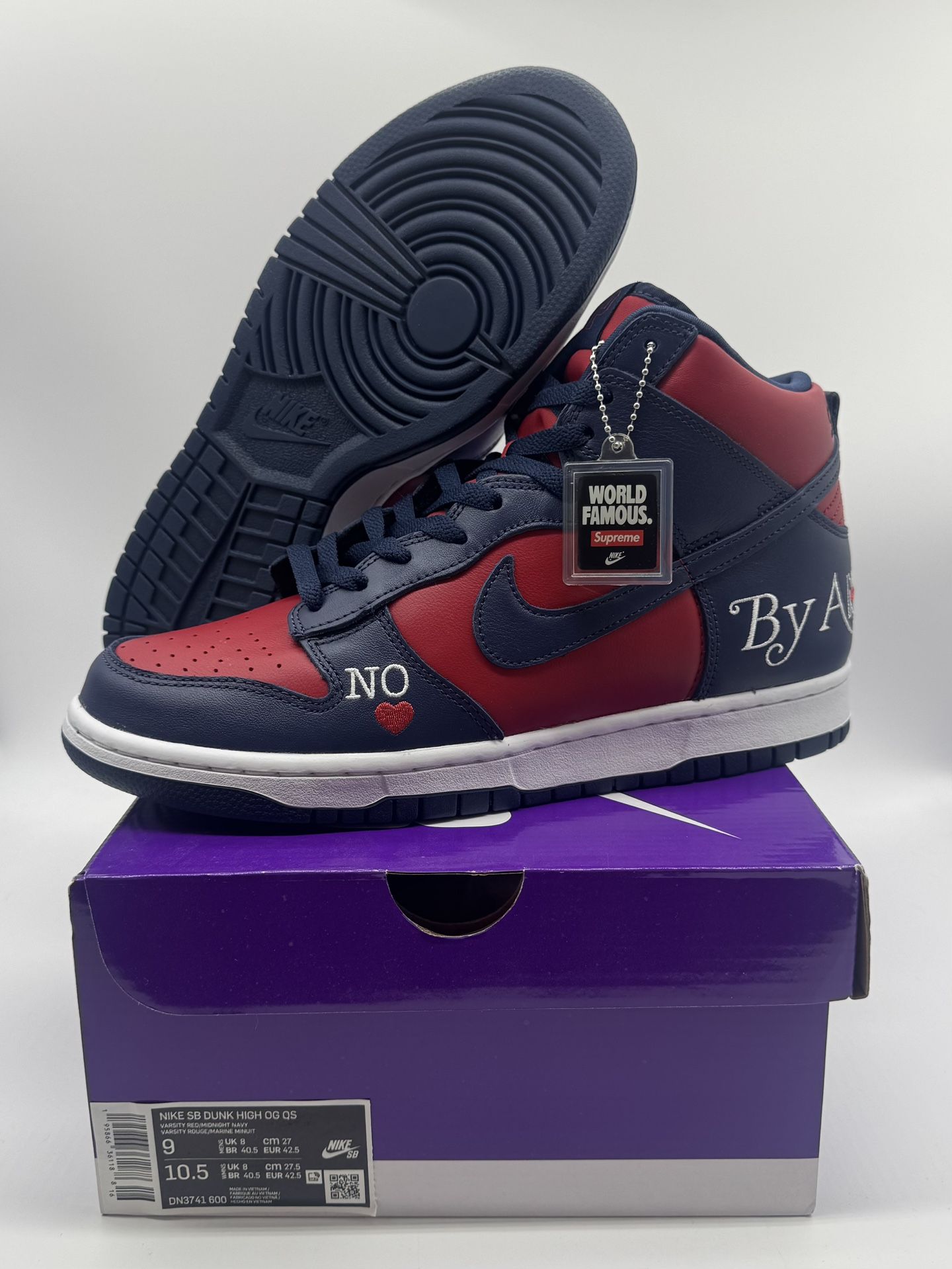 Nike Dunk SB High X Supreme ‘By Any Means’ Red Navy DN3741–600 Men’s Size 9 100% authentic. Brand new in box. The Nike Dunk SB High X Supreme ‘By A