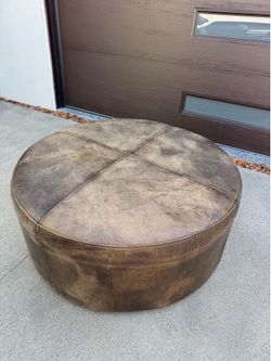 RH Restoration Hardware Round Leather Ottoman / Pouf – Rustic Distressed Style