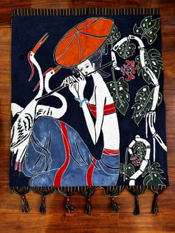 Vintage Asian Batik Wall Hanging Textile Cranes Woman Umbrella Fringe