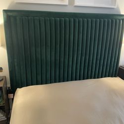 CB2 Platform bed Frame, Black Metal Base (w/ Wood Slats), Green Chenille Head Board 