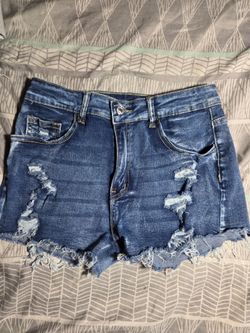 Shein Blue Distressed Fringe Denim Cut-Off Shorts Medium