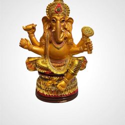 Ganesh, The God of Wisdom and Success - Hand Painted on Golden Finish Resin - Holding Attributes 5"