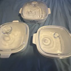 Vintage CorningWare casserole dishes with the "Blue Cornflower" pattern.