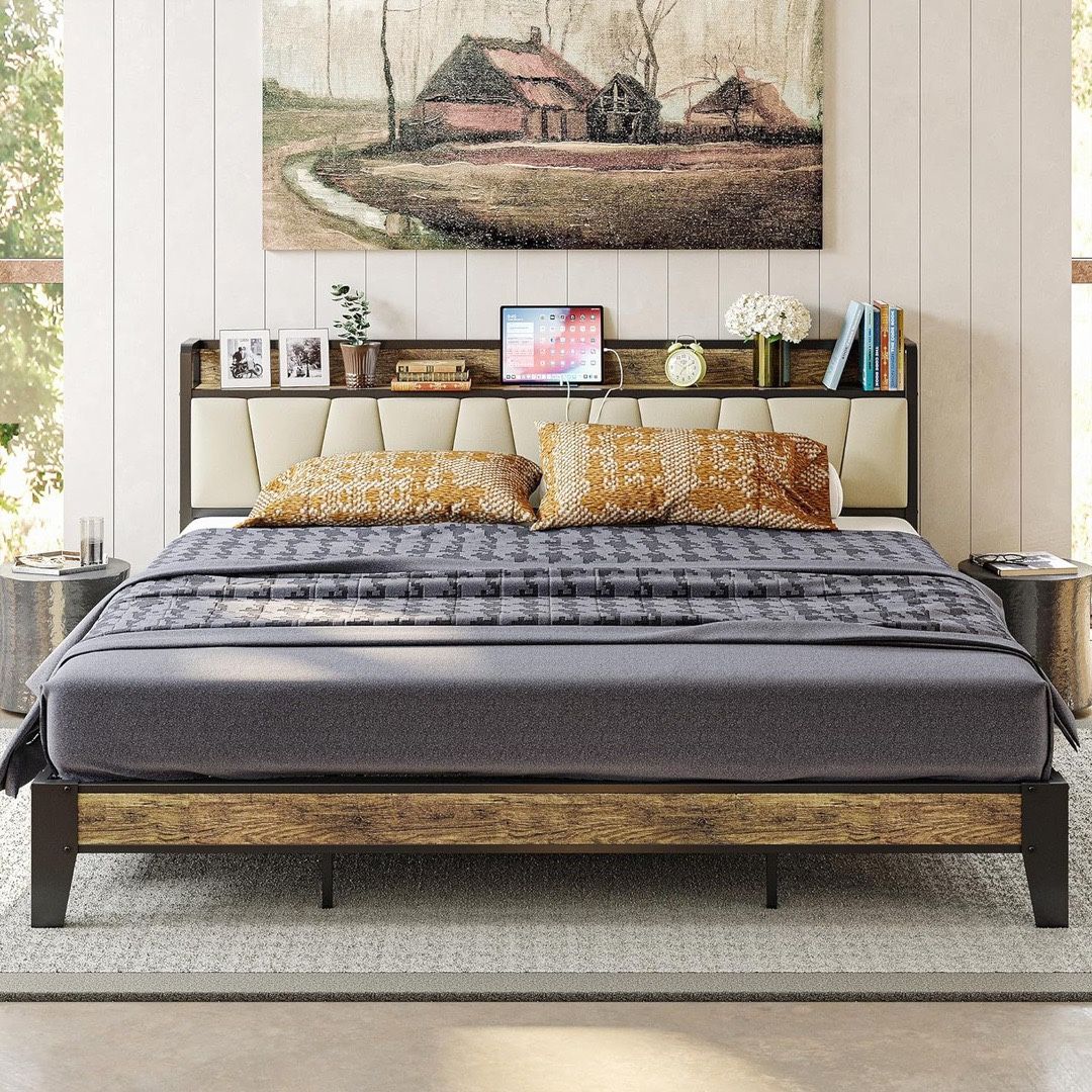 Beige King Bed Frame, Storage Headboard with Charging Station, Solid and Stable