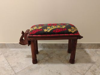 Elephant Stool Wooden w/ Multicolored Cushion