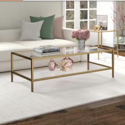 54 in. Antique Brass Finish Rectangle Glass Coffee Table with Clear Glass Shelf