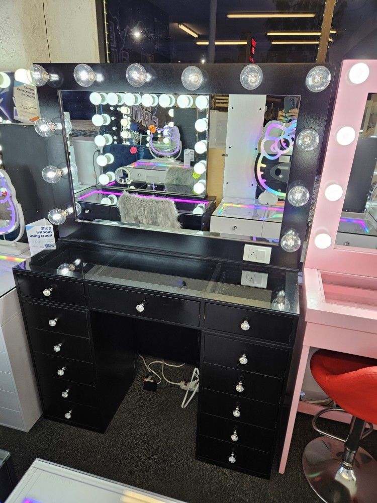 Brand New Large Vanity Black W/ 13 Drawers & Hollywood Mirror $899