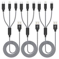 (NEW) Multi Charging Cable 4ft 3Pack 3 in 1 Charger Cord, Multiple Rapid Nylon Braided Cable USB Charging Cable Multi Phone Charger Cord with Type C M