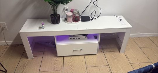 White TV Stand with LED Lights and Drawer