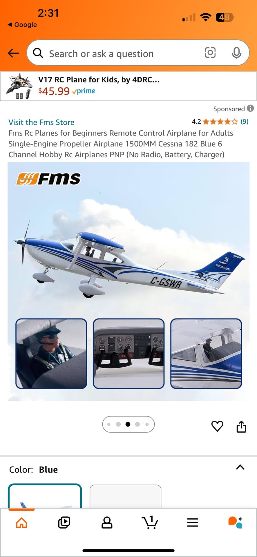 FMS RC Plane 1500MM Cessna 182 Blue 6 Channel
