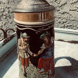 Antique Germán Beer Mug Rare Scene ceramic with saying approx. 11 Inches 