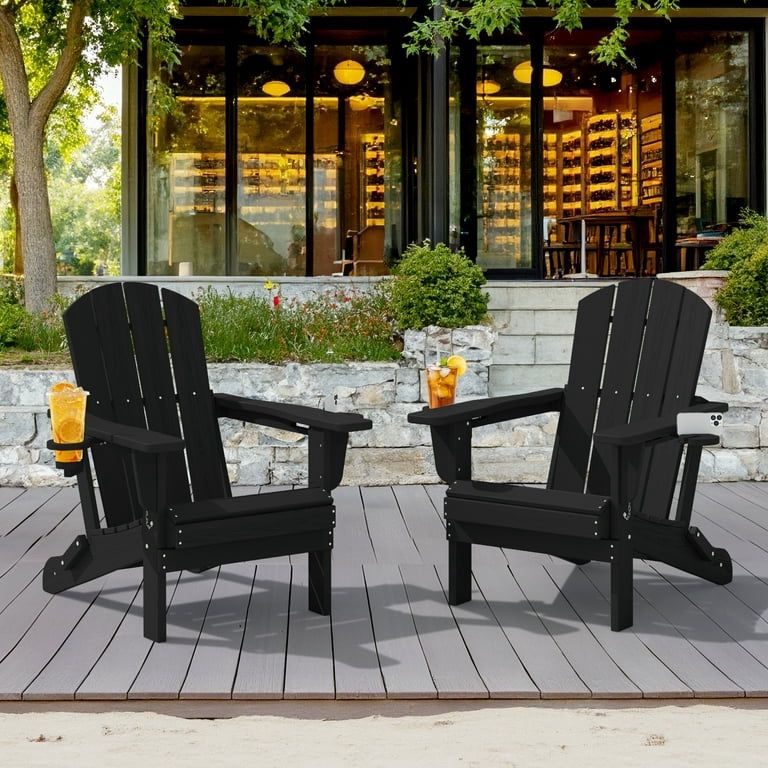New SERWALL 2PC Folding Adirondack Chair Set with Dual Cup Holders