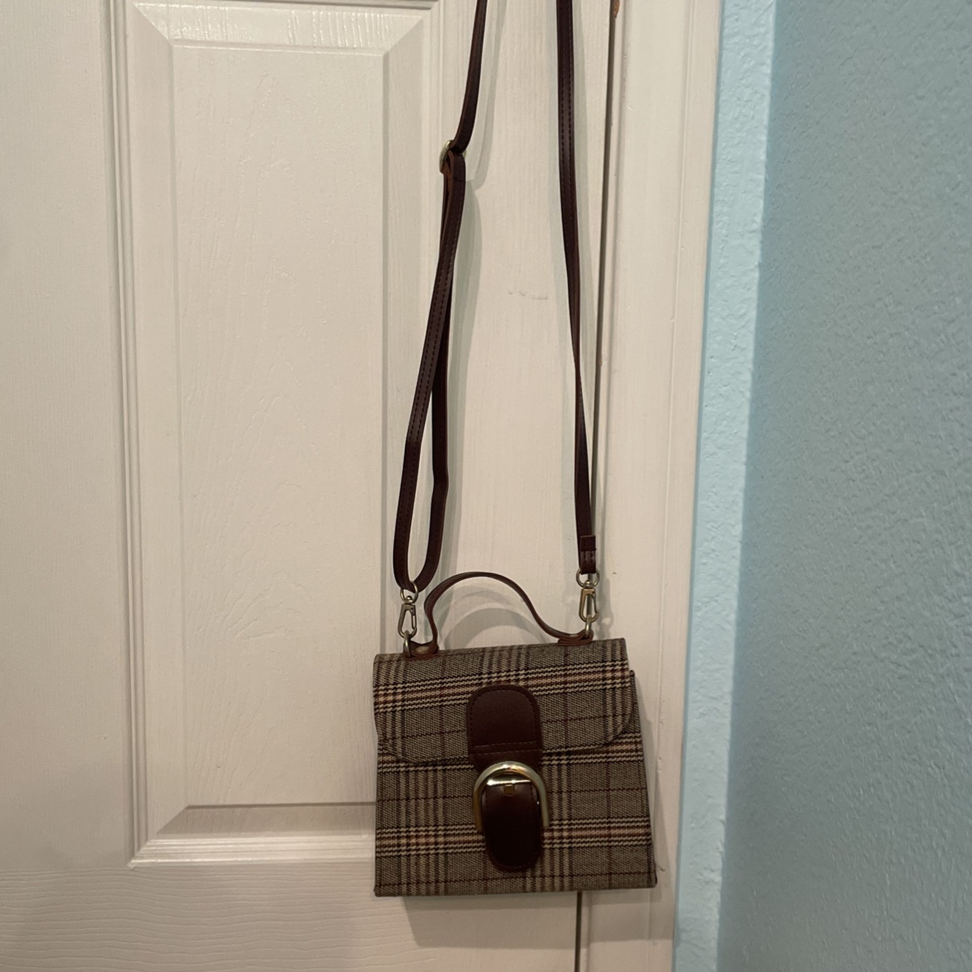 Brown Black Plaid Crossbody Purse Bag 