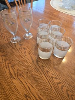Pair of Floral Stemmed Glasses with Gold-Tone Rim