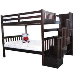 Bob's Bunkbed Keystone Twin over Twin Espresso Staircase way Bunk Bed with 2 Mattresses set / Clean