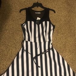 Mesh Back Black/White Striped Dress
