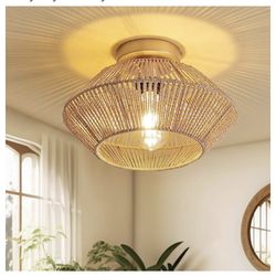 12.6" Rattan Light Fixture, Boho Ceiling Light Fixture, Woven Light Fixture Flush Mount Rattan, Bedroom Ceiling Light, Gold Farmhouse Chandelier for K