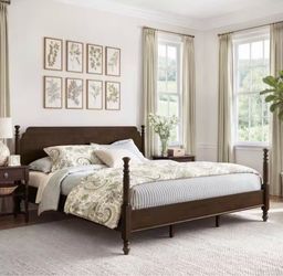 Cleo Dark Walnut Brown Solid Wood Frame King Four-Poster Bed with Platform Spindle Headboard, Wood Slat Support