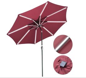 Solar Patio Umbrella w/ Lights Tilt Parasol Umbrella 9 ft 8-Rib - Paraguas - Sun Protection - Independence Day Sale