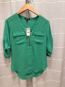 Express Green Zip-Front Blouse XS