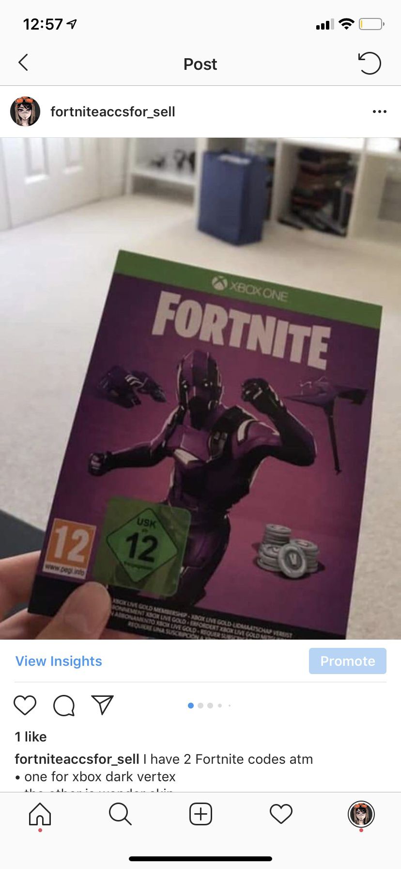 provokere personale Hemmelighed I have 2 Fortnite codes atm • one for xbox dark vertex • the other is wonder  skin •20 for dark vertex 30 for wonder skin code for Sale in Fontana, CA -  OfferUp