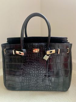 Black Gold 100% Genuine Calfskin Italian Croco Embossed Large Leather Bag Handbag Tote Made In Italy New NWT