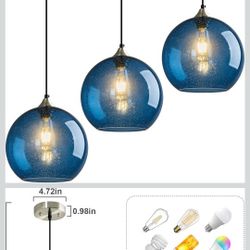 LBSQJ Blue Glass Pendant Lights Kitchen Island Lighting Globe Pendant Light Fixtures Modern Pendant Lighting for Kitchen Island Bedroom Living Dining 