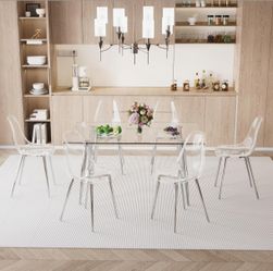 51 inch Glass Dining Table Set for 6, Dining Table & Chair Sets with Silver Metal Legs for Kitchen, Modern Rectangle Tempered Glass Table Top&Transpar