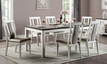 Brand New White, Walnut & Grey 7pc Formal Dining Table Set
