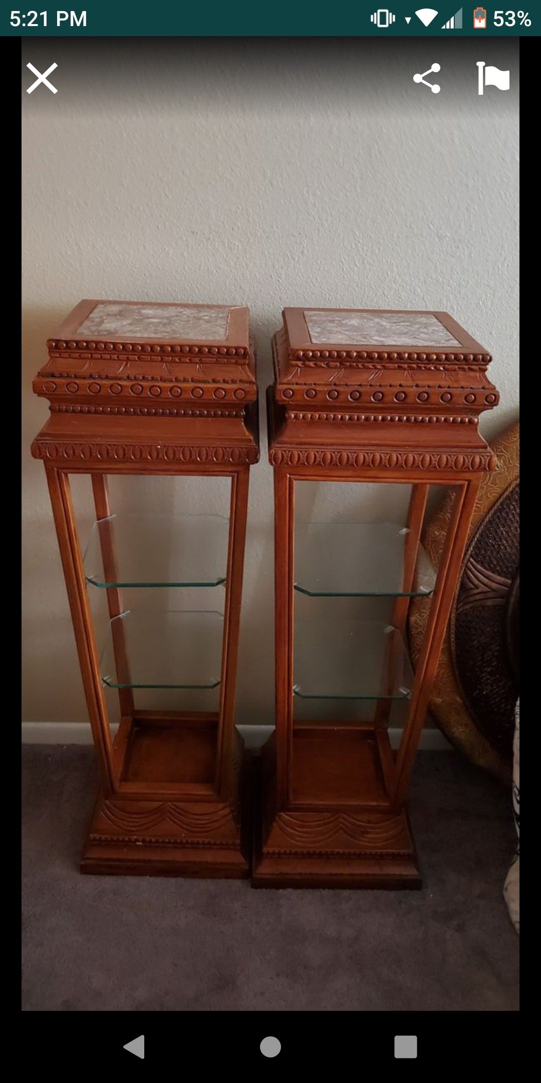 Set of Wood and marble stands with glass shelves