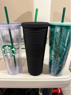 3 Starbucks Tumblers - Black Studded, Clear, Tropical Green - 24 oz each