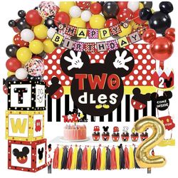 Mickey 2nd Birthday Party Supplies - Mickey Theme Oh Twodles Birthday Decorations Boy Include Backdrop, Balloon Garland Arch, Balloon Box, Welcome Han