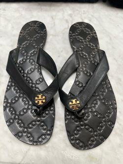 Tory Burch Monroe Black Leather Sandals Gold Logo Flats Sz 9M