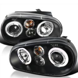 Spec-D Tuning Black Dual Halo Projector Headlights Compatible with 1 Volkswagen Golf, Golf GTI VW MK4 Left + Right Pair Headlamps Assembly
